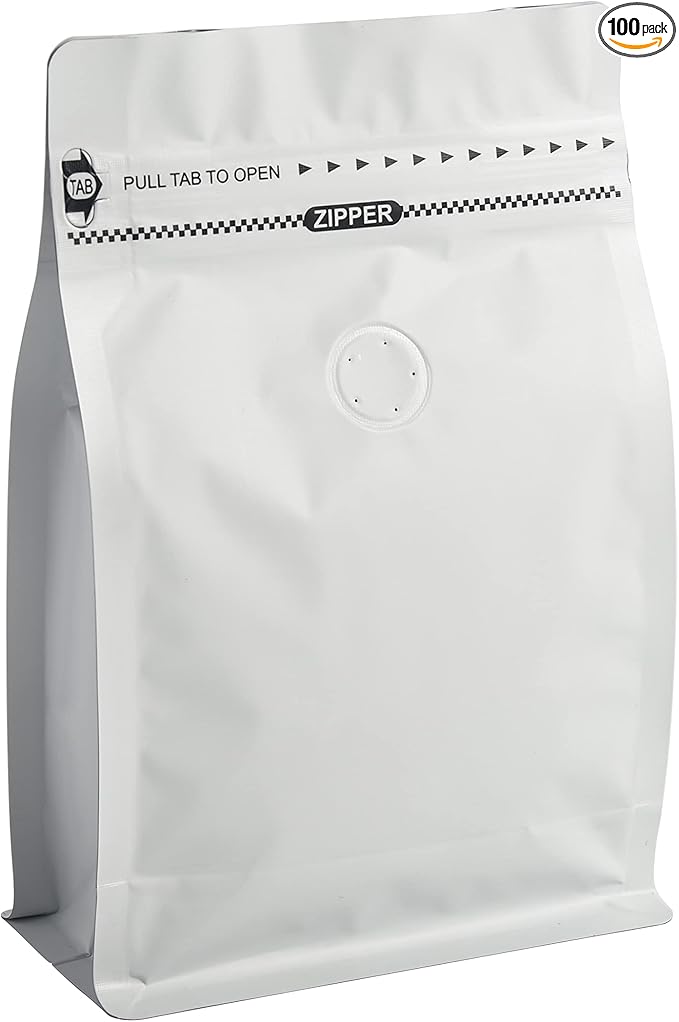 High Barrier Aluminum Foil Liner Wihite Coffee Bags, Resealable Coffee Pouches with Degassing Valve, Ziplock Food Storage Bags with Pull Tape(8oz/0.5lb/250gram, Pack of 100)