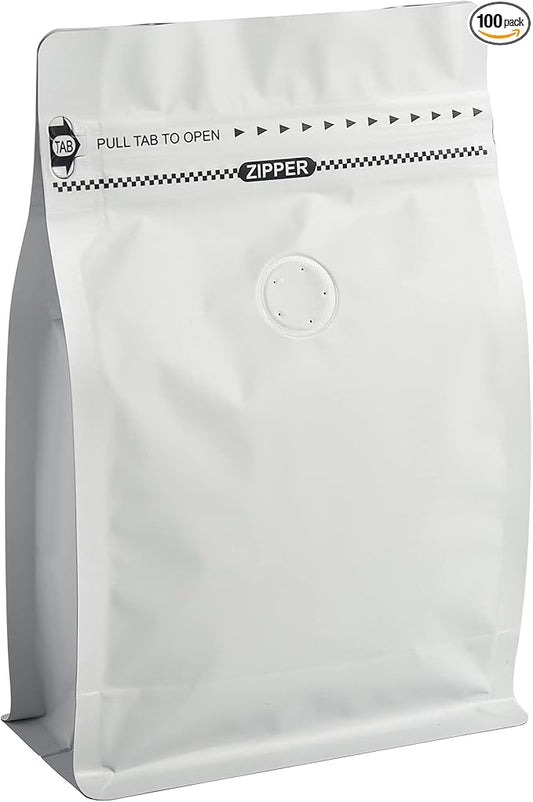 High Barrier Aluminum Foil Liner Wihite Coffee Bags, Resealable Coffee Pouches with Degassing Valve, Ziplock Food Storage Bags with Pull Tape(8oz/0.5lb/250gram, Pack of 100)