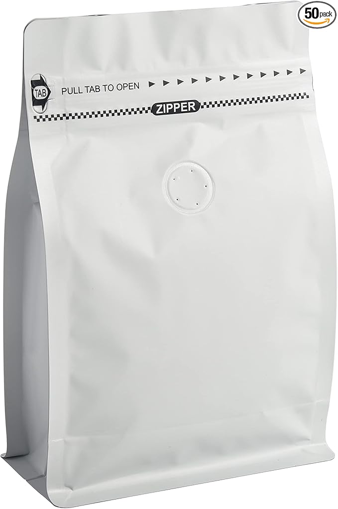 8 Ounces/50 Pieces White Coffee Bags, High Barrier Coffee Pouches with Degassing Valve, Resealable Coffee Storage Bags with Ziplock & Pull Tape (8oz/0.5lb/250gram, Pack of 50)