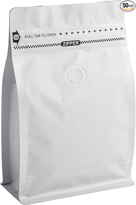 8 Ounces/50 Pieces White Coffee Bags, High Barrier Coffee Pouches with Degassing Valve, Resealable Coffee Storage Bags with Ziplock & Pull Tape (8oz/0.5lb/250gram, Pack of 50)