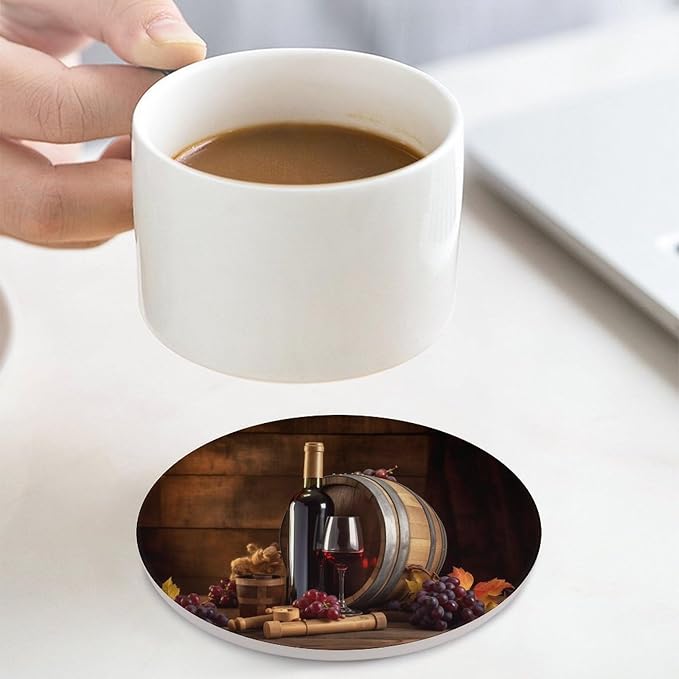 Round-4PCS Red Wine Ceramic Coasters, Round Absorbent Drink Coasters, Vintage Wood Grain Style Red Wine Grapes Maple Leaf Ceramic Table Coasters for Coffee, Beverage, Wine, Beer Coasters