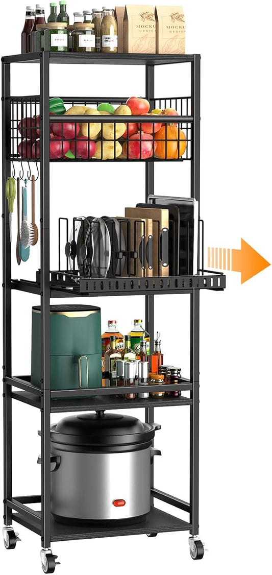 Housolution 5 Tier Kitchen Rolling Cart, Storage Cart with Metal Fruit Vegetable Basket and Pull-Out Pot Lid Cutting Board Organizer, Storage Rack with Wooden Top for Kitchen, Pantry, Bathroom