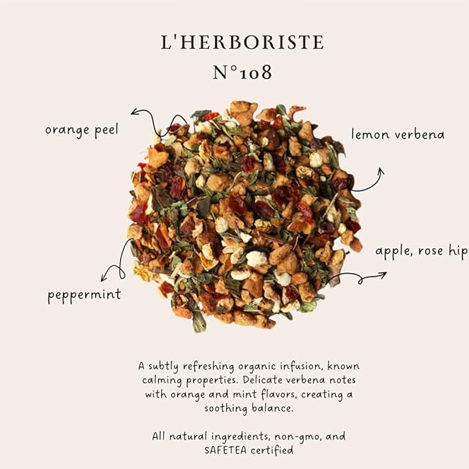 Palais des Thés Caffeine-Free Tea - L'Herboriste N°108 Organic Relaxation Herbal Blend with Lemon Verbena, Orange & Mint - Premium Tea Bags, Serves 20 Cups