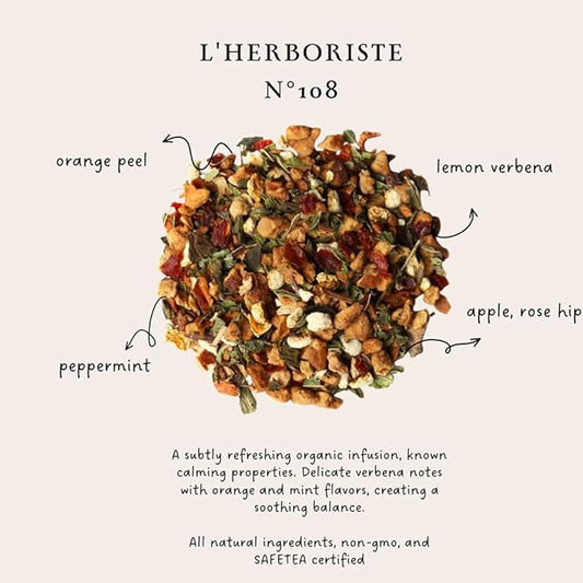 Palais des Thés Caffeine-Free Tea - L'Herboriste N°108 Organic Relaxation Herbal Blend with Lemon Verbena, Orange & Mint - Premium Tea Bags, Serves 20 Cups