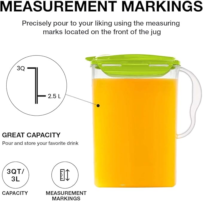 LocknLock HAP607G Aqua Fridge Door Water Jug with Handle, BPA-Free Plastic Pitcher with Flip-Top Lid and Easy-Pour Spout for Water, Juice, Tea, and Other Drinks, 3-Quart, Green