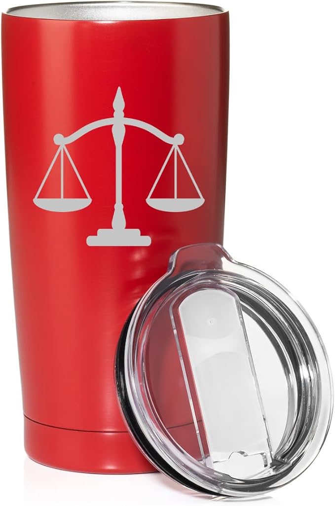 Smooth Body Tumbler Stainless Steel Vacuum Insulated Travel Mug Cup Gift Scales of Justice Lawyer Paralegal Judge (Red, 20 oz)