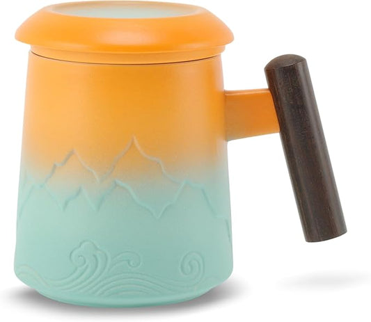 Tea Cup with Infuser, 13.5oz Ceramic Tea Infuser Mug with Wood Handle and Cup Lid, Tea Strainer Cup for Loose Leaf Steeping, Gold Tone&Green