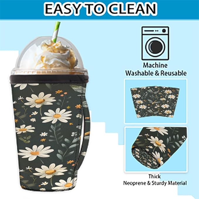 Reusable Iced Coffee Cup Sleeve Butterfly Daisy Neoprene Insulated Sleeves Cup Holder with handle Idea for 30oz - 32oz