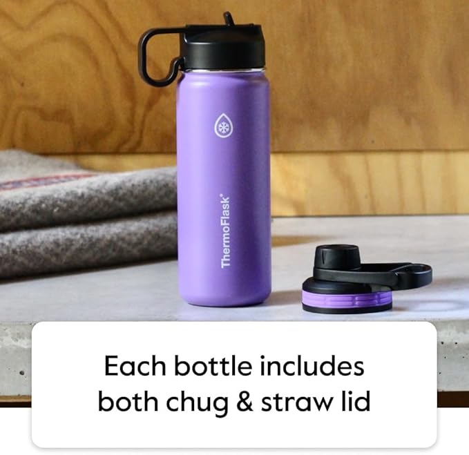 ThermoFlask Stainless Steel Water Bottles 2-Pack - Double-Wall Vacuum Insulated 40 oz BPA-Free Spout Lids - Keeps Drinks Cold 24 Hrs, Hot 12 Hrs - Leakproof, Dishwasher Safe, Gray/Pine