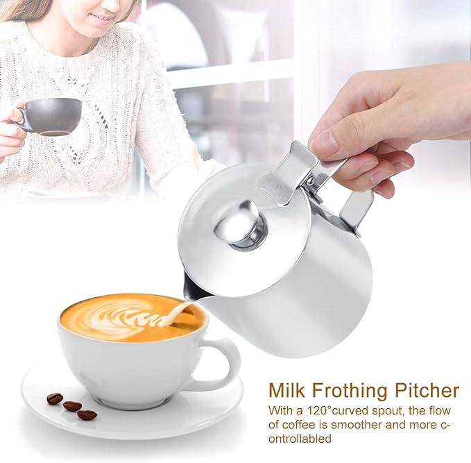 12oz Milk Frothing Pitcher, Stainless Steel Coffee Latte Art Jug Pitcher Mug Cup with Lid for Home Restaurant Cafe
