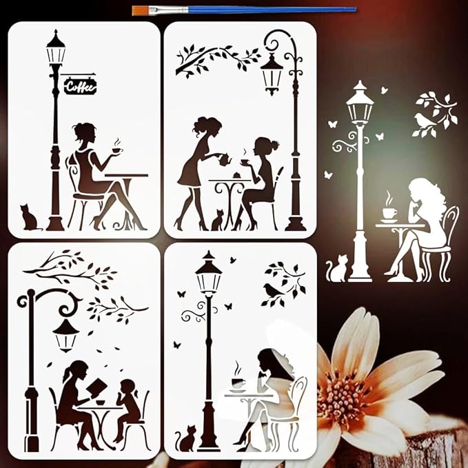 FINGERINSPIRE 4PCS Street Stencils 8.3x11.7 Inch with a Brush Street Lamps Coffee Pattern Stencils A4 Reusable City View Drawing Templates for DIY Painting on Wood Wall Canva Furniture Decoration