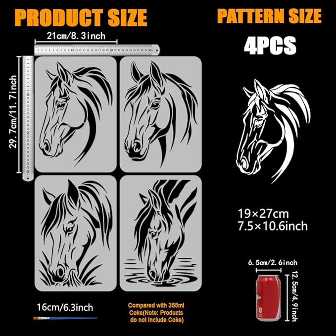FINGERINSPIRE 4PCS Horse Head Stencils with 1Pc Brush 8.3x11.7inch Traditional Horses Pattern Stencil Template Animal Horses Head Stencils for Painting on Wood Wall Furniture DIY Home Decoration