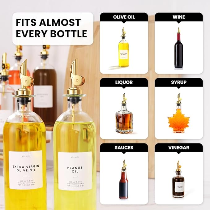 Molimoli Liquor Pour Spout Made of Stainless Steel with Automatic Anti-Oxidation Mechanism, Bottle Pourers for Alcohol, Olive Oil Dispenser Spout, Wine Pourer Spout, Oil Bottle Spout, Pack of 4, Gold