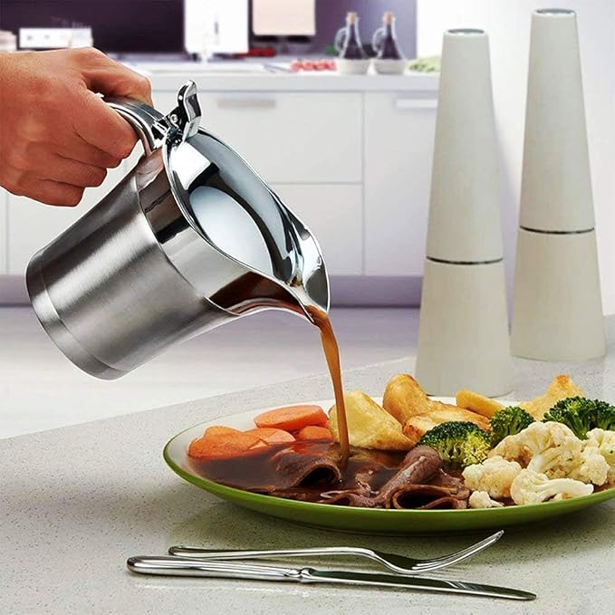 ShineMe Stainless Steel Gravy Boat Sauce Jug with Lid, 26oz Double Wall Insulated, Storage for Gravy or Cream, Used at Home & Kitchen