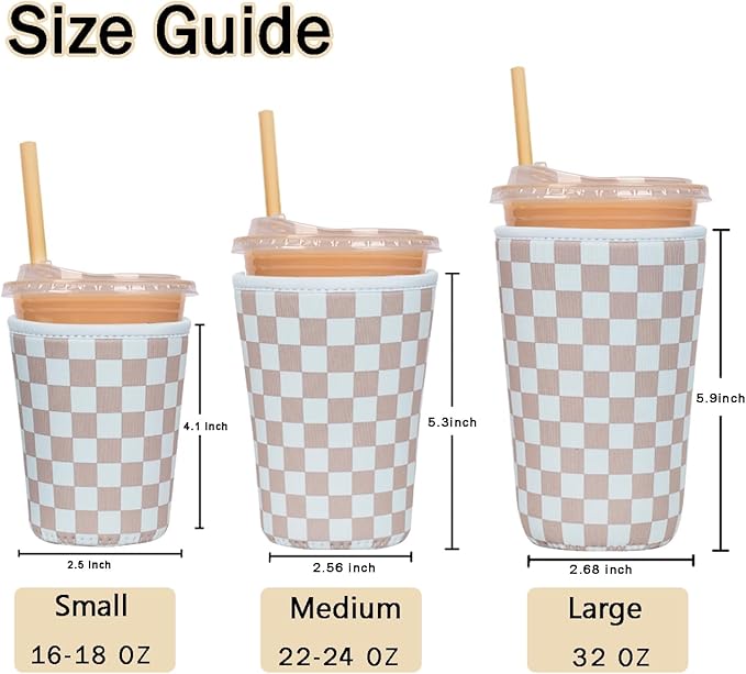 Reusable Insulated Sleeve for Iced Coffee Cup, Coffee Neoprene Sleeve for Cold & Hot Drinks, Beverage Holder for Iced Coffee (Classic Checker, Medium: 22-24oz)
