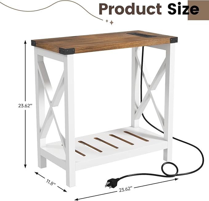 Hadulcet Farmhouse Side Table with Storage Shelf - Narrow End Table with Charging Station, Slim End Tables Living Room, Rustic X-Design Nightstand for Bedroom, Small Space, White & Brown