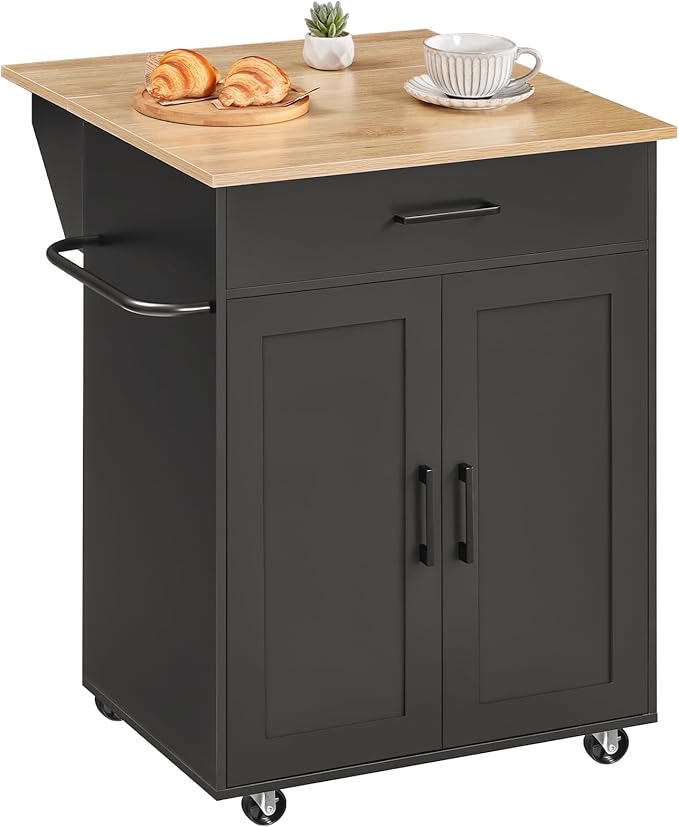 Kitchen Island on Wheels with Drop Leaf, Folding Countertop Kitchen Island Cart, Kitchen Islands Table with Towel Rack, Drawer, for Kitchen, Dining Room, Black and Natural KINB12501