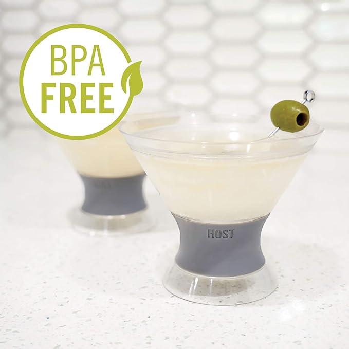 Host Freeze Insulated Martini Cooling Cups, Plastic Freezer Gel Chiller Double Wall Stemless Cocktail Glass Set of 2, 9 oz, Grey