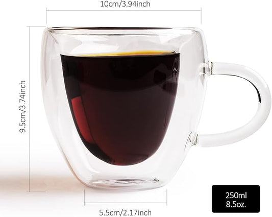 Heart Shaped Double Walled Insulated Glass Coffee Mugs or Aesthetic Tea Cups, Double Wall Glass 8 oz, Clear (2)