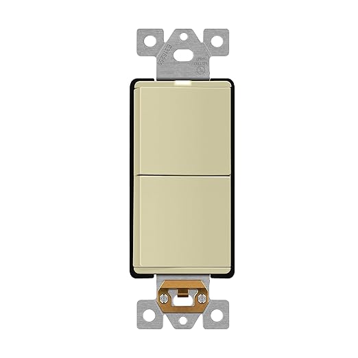 LIDER Minimalist Design Matte Finish Lighted Double Switch, Combination Frameless Decorator Switch with Locator Light, Ground Terminal, Single Pole, 15A 120-277V, UL Listed, LCS2-1P-I, Ivory