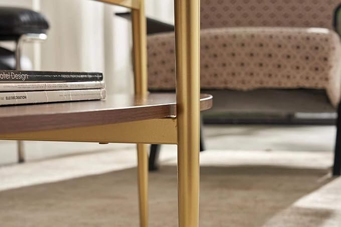 Shrine Oval Coffee Table, Mid-Century Modern Design, 2-Tier Structure, Amber Glass Top and Walnut MDF Shelf, 47" D x 21" W x 17" H, Sleek Conical Metal Legs with Gold Finish