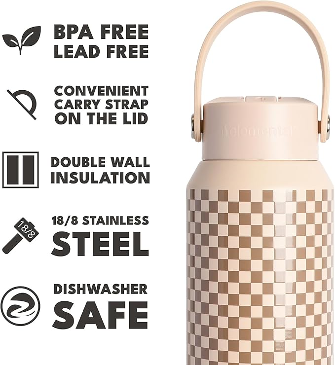 Elemental 40oz Insulated Water Bottle with Straw - 100% Leak-Proof Stainless Steel Core Water Bottles for Travel, Sports and Gym - Double Wall Insulation & BPA Free - Brown Check