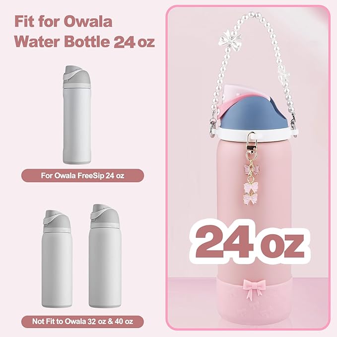 Water Bottle Accessories Set for Owala FreeSip 24oz、32 oz– Includes Pearl Handle Strap, Bow Charms,2.9in .3inch Silicone Bling Boot for Owala Accessories for Women