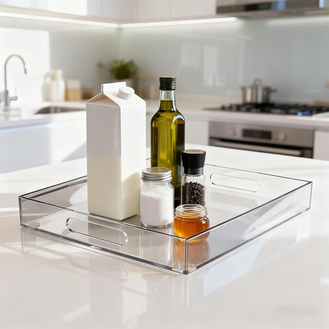 16x12 Inch Clear Acrylic Serving Tray for Display and Organizing A Decorative Tray with Handle Easy to Carry Use Kitchen Serving Trays Bathtub Tray Living Room Storage Tray Life Storage Tray