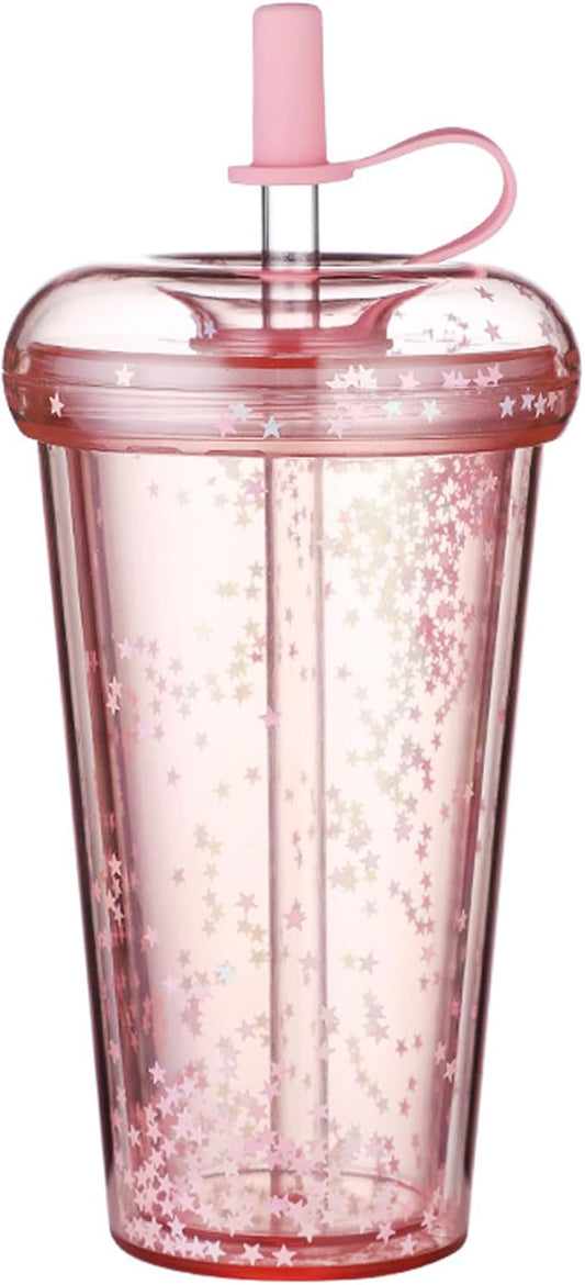 Double Wall Tumbler with Lid and Straw, 420ml/14.2oz Safe Insulated Cup with Straw, Leakproof Glitter Cups, Portable Water Cup with and Lid for School, Office, Travel Style 1 water tumbler