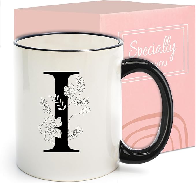 Monogram Ceramic Coffee Mugs, 11 oz Initial Drinking Cup with Gift Box, Unique Birthday Christmas Gifts for Women Wife Mothers Day Grandma Mom Aunt, I
