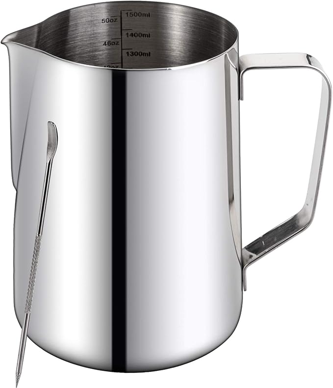 Nicunom Milk Frothing Pitcher 50oz, 304 Stainless Steel Milk Frother Cup 1500ml Steaming Pitchers with Art Pen, Espresso Cappuccino Latte Art Barista Coffee Accessories
