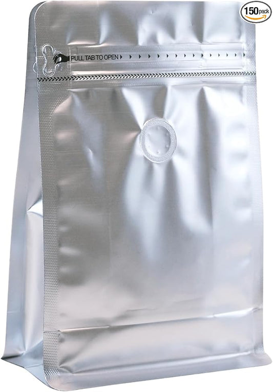 150 Pack High Barrier Stand-Up Coffee Bean Bags with Vented Valve, Matte Metallic, Heat-Sealable and Resealable Solid Color Pouches for Food Storage (6 * 12.8 inch,2 lb,32 oz,Silver)