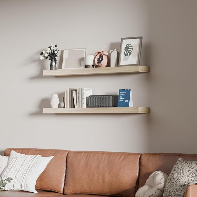 36 inch Natural Bathroom Shelves,Long Floating Shelves for Wall,Solid Wood Long Shelves Set of 2,Kitchen Wall Mounted Shelf (Natural, 36 Inch)