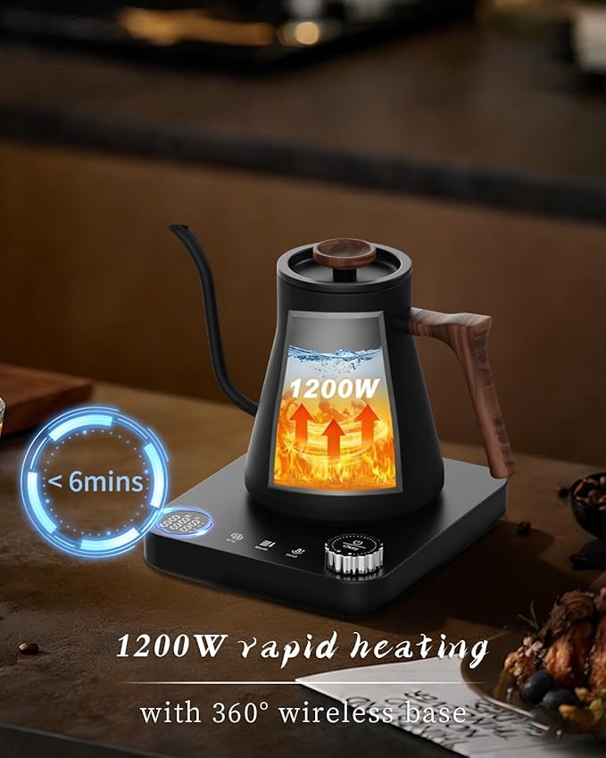 Gooseneck Electric Kettle with ±1°F Precise Temperature Control, Smart Two-Stage Heating, 304 Stainless Steel Interior, Fast Boil & 2-Hour Keep Warm, Pour Over Coffee & Tea, 0.9L,Wood Black