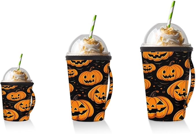 Funny Pumpkin Reusable Insulator Coffee Sleeves for Drinks Beverages, Halloween Neoprene Holder with Handle for Most Coffee or Ice Drink, 30-32oz