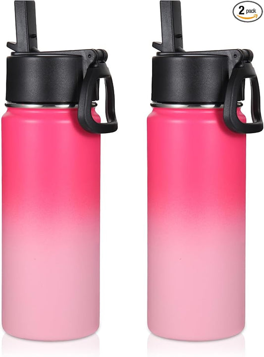 Volhoply 16 OZ Kids Water Bottle Bulk 2 Pack,Insulated Sports Bottles with Straw Lid,Stainless Steel Bottle with Handle Keep Cold & Hot,Double Wall Vacuum Tumbler Cups for School,Girls(Peach, 2)