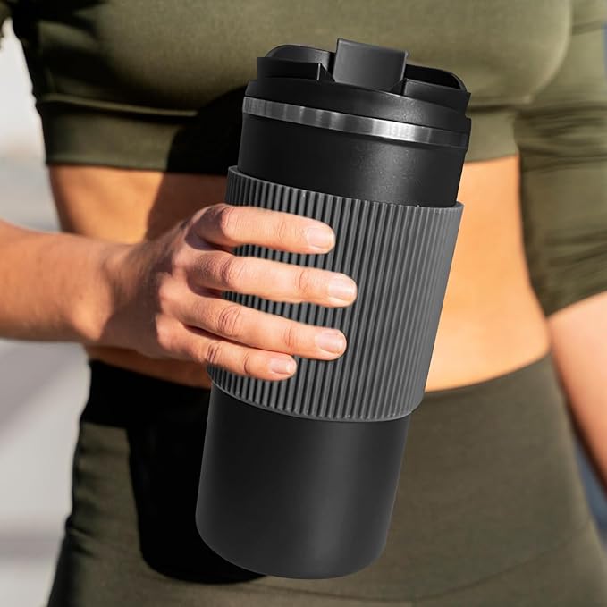 YINBAOGE Upgraded Insulated Travel Coffee Mug, Spill Proof & Leak Proof, Portable Camping Stainless Steel Tumbler, Reusable Thermal Coffee Cup with Lid for Hot & Cold Drinks (4th-Black, 15OZ)