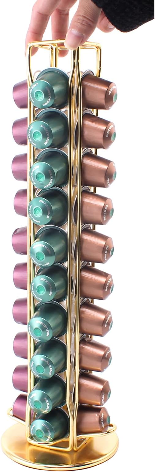 SEVENLINE Coffee Pod Holder Stand Compatible With Nespresso Original Pods Carousel Storage Rack Capsules Organizer For 40 Capsules (Gold)