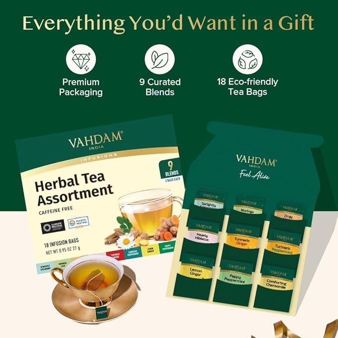 VAHDAM, Assorted Herbal Tea Sampler (18 Tea Bags, 9 Flavors) Caffeine-Free, Non-GMO | Double Infusion, Individually Enveloped Tea Bags | Herbal Tea Assortment | Valentines Day Gifts for Him & Her