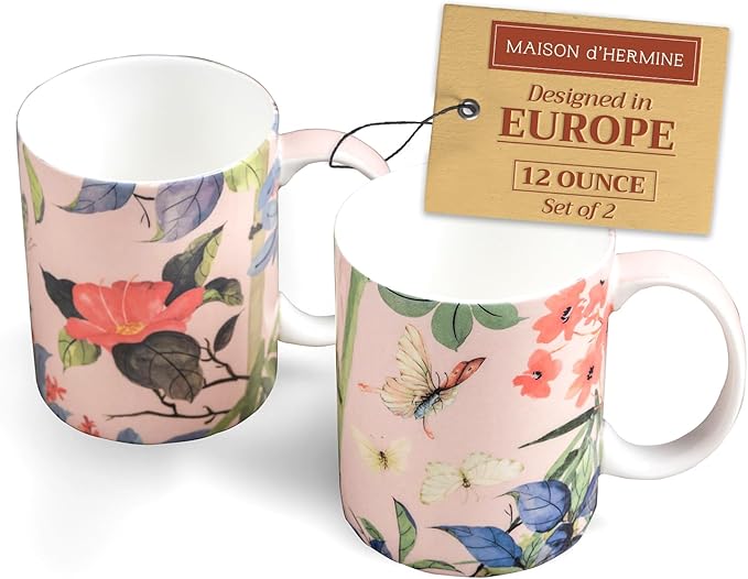 Maison d' Hermine Coffee Mug with Handles Fine Bone China Mugs Pack of Two Tea Cups for Hot Beverages Cappuccino Latte Home Restaurant Office Perfect for Gift (Canne, 12 Ounce)