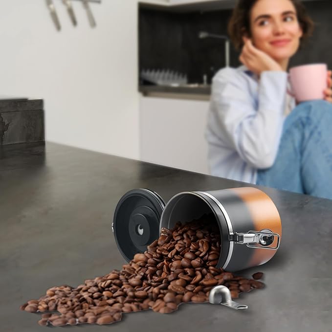 BERTILLE Stainless Steel Coffee Canister,16 oz Kitchen Food Storage Container with Date-Tracker, CO2-Release Valve and Measuring Scoop for Grounds Coffee, Beans, Tea, Cereal, Sugar（Medium,Golden）