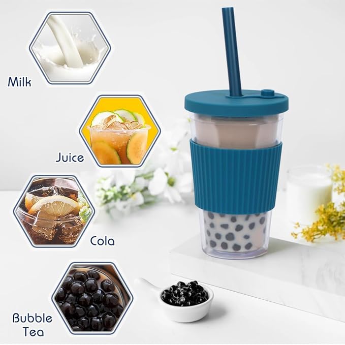 2 Pack Boba Tea Cup, 500ml/17oz Double Wall Plastic Tumbler with Straw and Lid, Leakproof Iced Coffee Smoothie Cup Bubble Tea Cup, Insulated Tumbler with Straw, Cool Gray and Indigo Blue