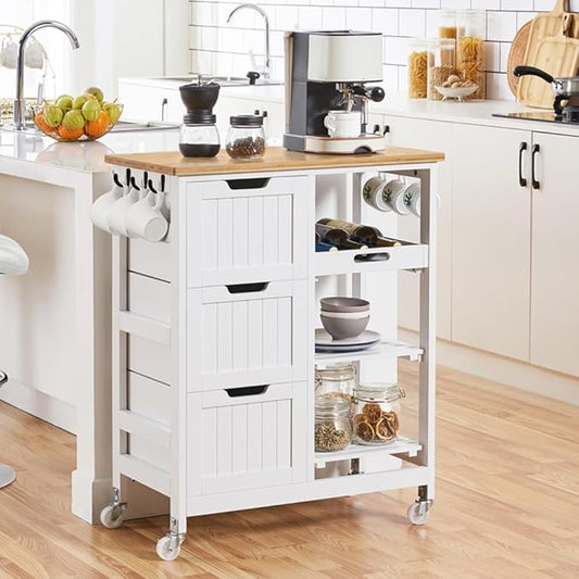 Yaheetech Kitchen Island Cart on Wheels, Rolling Storage Cart with Bamboo Countertop, 3 Drawers, 3 Removable Shelves & Lockable Casters for Dining Room, Bar, White