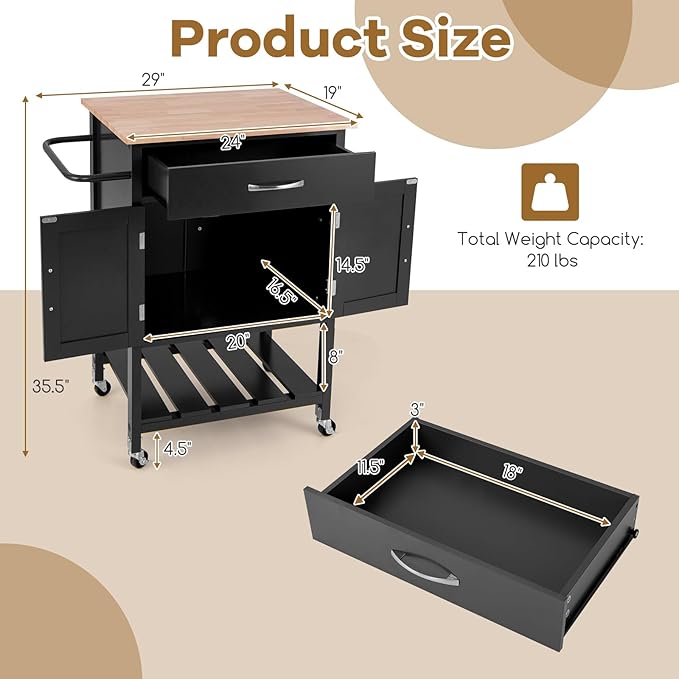 Giantex Rolling Kitchen Island Cart, Mobile Serving Cart with Drawer, 2-Door Storage Cabinet, Storage Shelf, Towel Rack, Food Prep Utility Cart on Wheels for Dining Room, Living Room (Black)