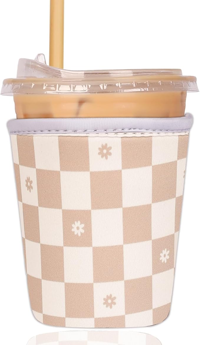 Reusable Insulated Sleeve for Iced Coffee Cup, Coffee Neoprene Sleeve for Cold & Hot Drinks, Beverage Holder for Iced Coffee (Floral Checkers, Small: 16-18oz)