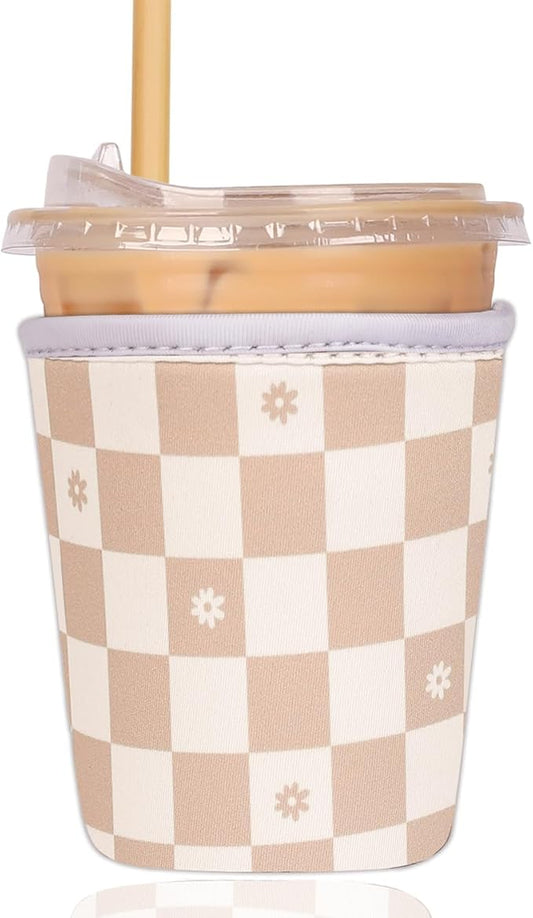 Reusable Insulated Sleeve for Iced Coffee Cup, Coffee Neoprene Sleeve for Cold & Hot Drinks, Beverage Holder for Iced Coffee (Floral Checkers, Small: 16-18oz)