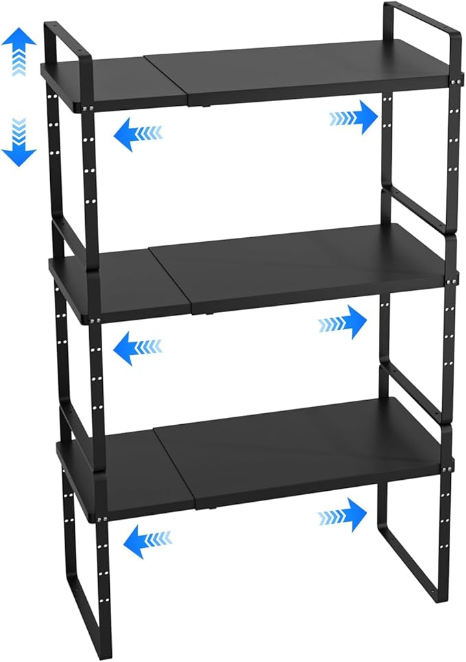 KIKIBRO Expandable Cabinet Shelf Organizer, Stackable Kitchen Pantry Counter Storage, Adjustable Closet Cupboard Stand Rack Risers Spice Organization, 80LBS Heavy Duty, Black 3 Pack