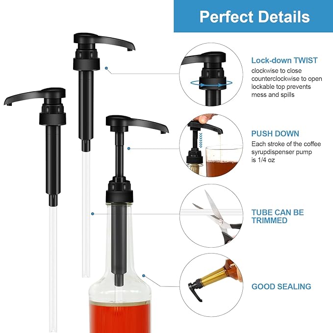 6 Pcs Black Coffee Syrup Pumps, Compatible with 25.4 Oz/750ml Bottles, Great for Home & Coffee Bar Drinking Mixes, Tea, Beverage, Cocktails