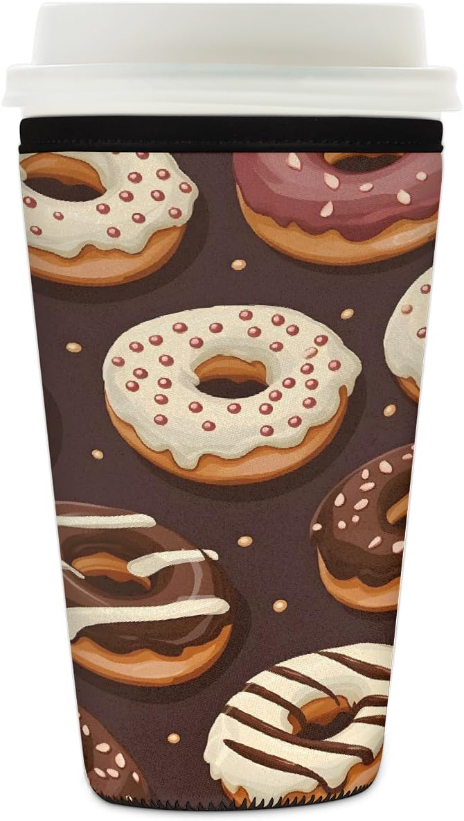 Food Donuts Pattern Iced Coffee Sleeve for Cold Drink Cups, Reusable Neoprene Insulated Drink Sleeves Cup Cover for Beverages, Fits 32 oz