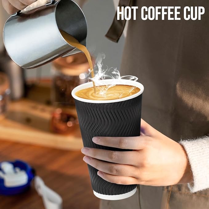 BYSNOW 16 oz Coffee Cups with Lids, 100 Pack Disposable Coffee Cups Insulated Ripple Paper Cups for Water, Juice, Espresso (Black 16 oz)